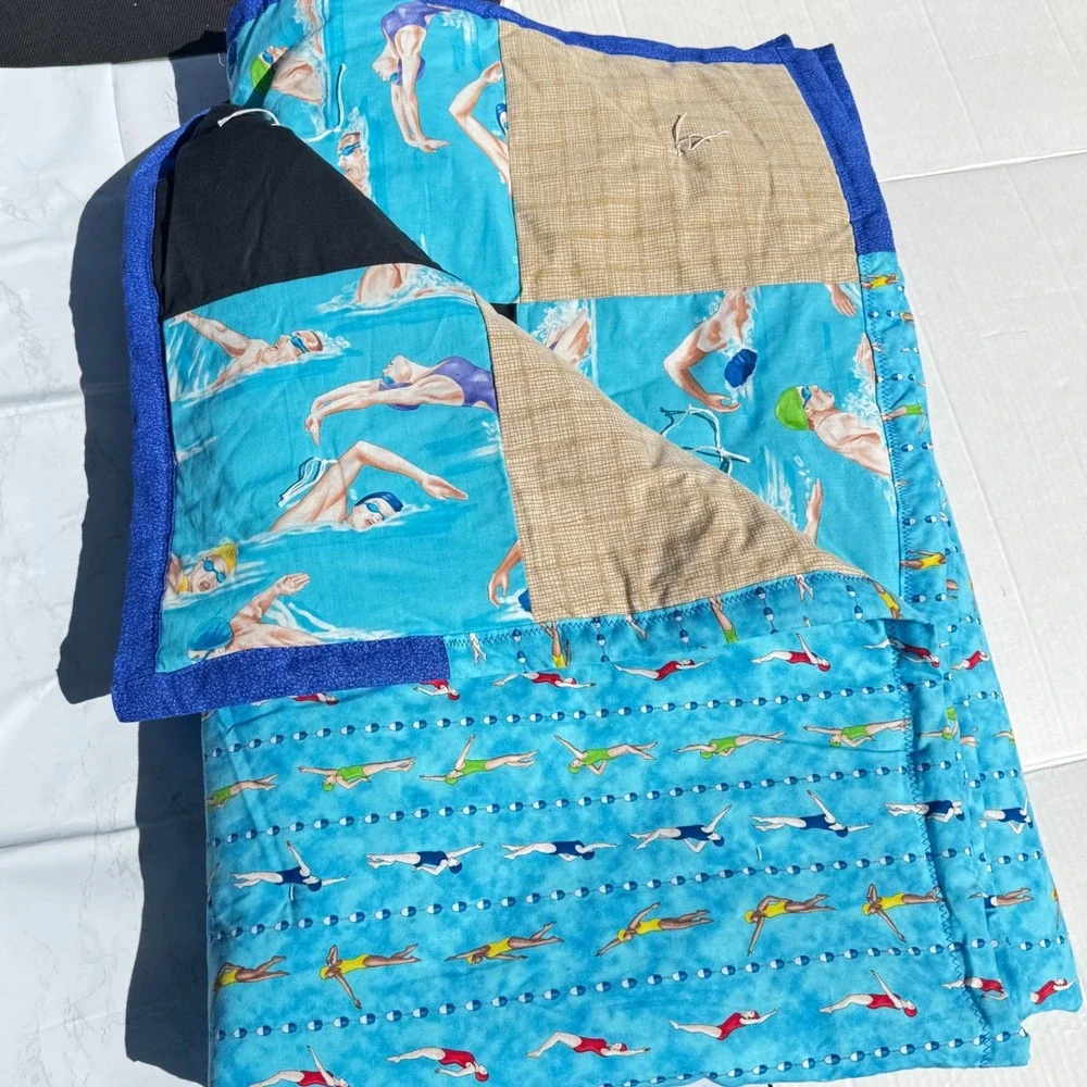 Handmade Sports Patchwork Quilt Swimming‎ Blue Reversible Blanket 60x80